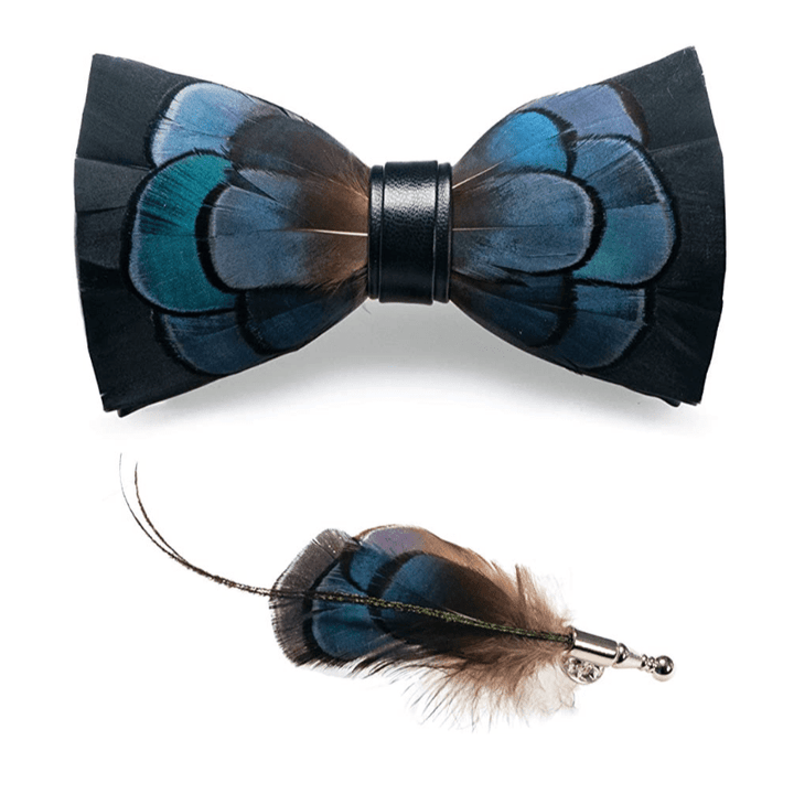 Pajarita de plumas exquisitas para niños en negro y verde con prendedor de solapa