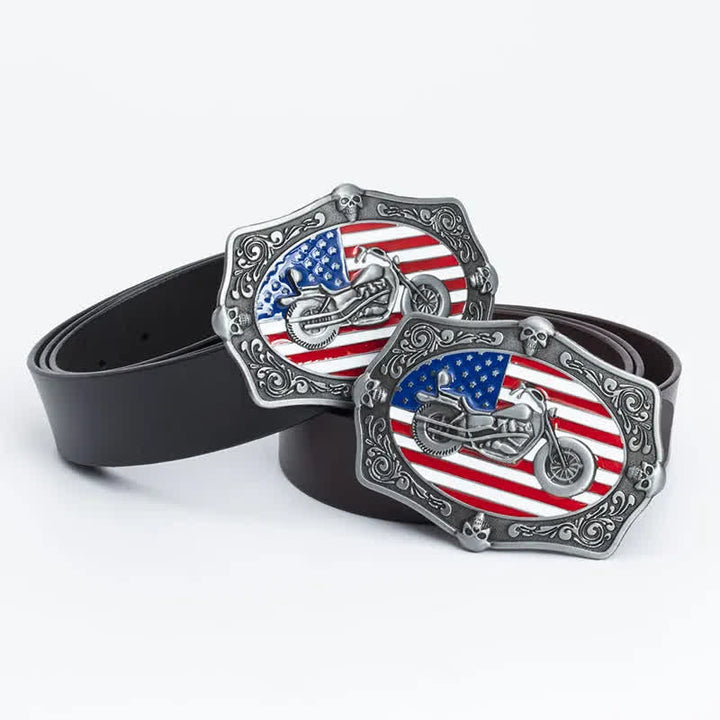 Cinturón de cuero con calavera y bandera estadounidense para hombre con diseño de motocicleta