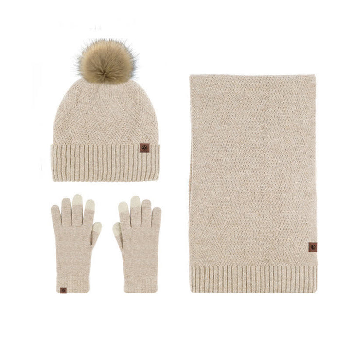 Conjunto de 3 guantes con pantalla táctil y bufanda con pompón tejido para mujer