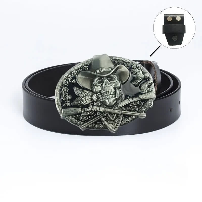 Cinturón de cuero con calavera pirata y pistolas cruzadas para hombre