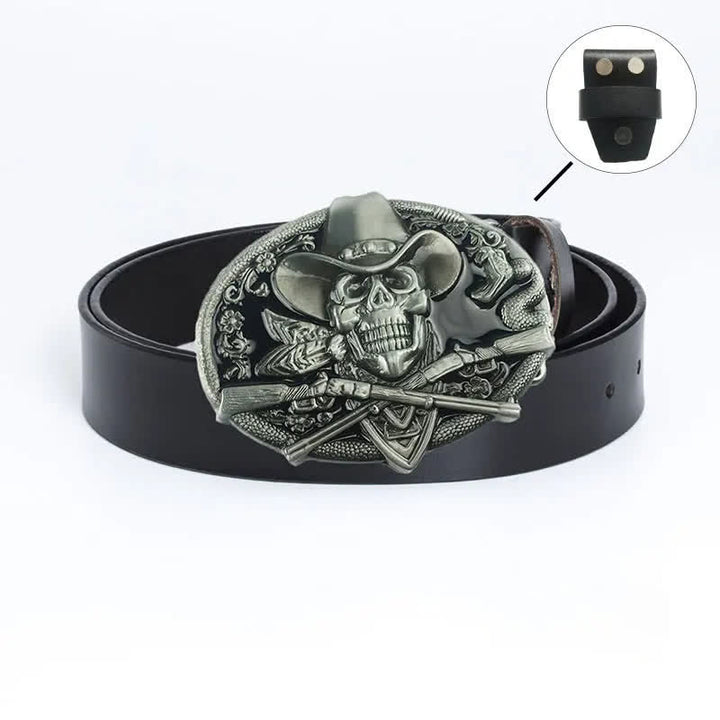 Cinturón de cuero con calavera pirata y pistolas cruzadas para hombre