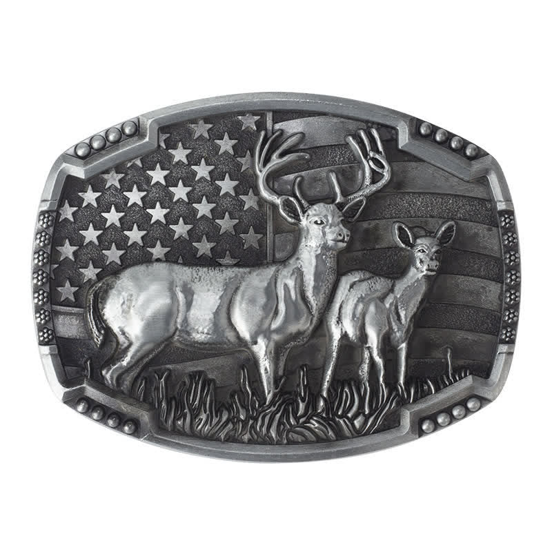 Cinturón de cuero con hebilla de bandera estadounidense para hombre, hecho a mano, con diseño de ciervos