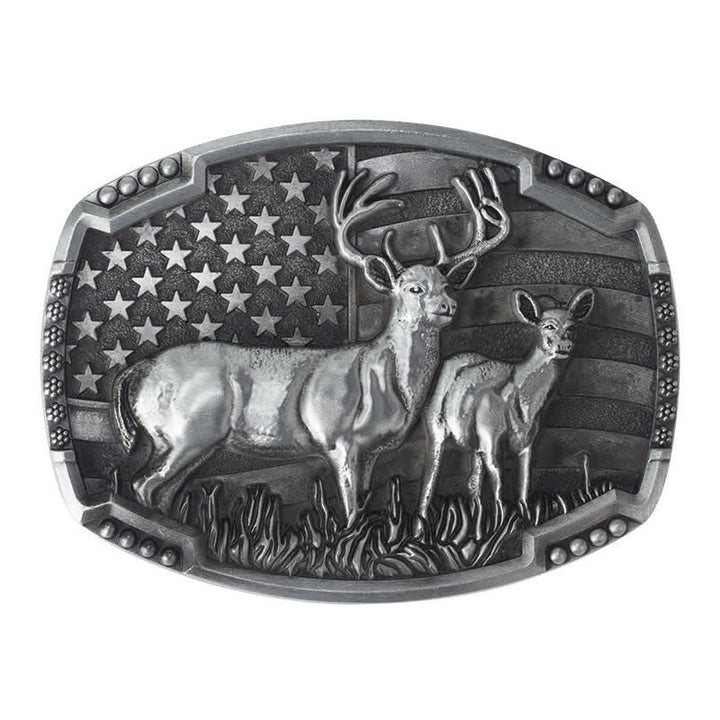 Cinturón de cuero con hebilla de bandera estadounidense para hombre, hecho a mano, con diseño de ciervos