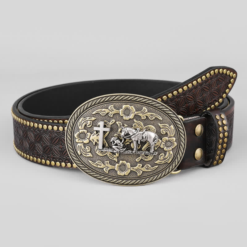 Cinturón de cuero con hebilla ovalada y decoración de caballo cruzado para hombre