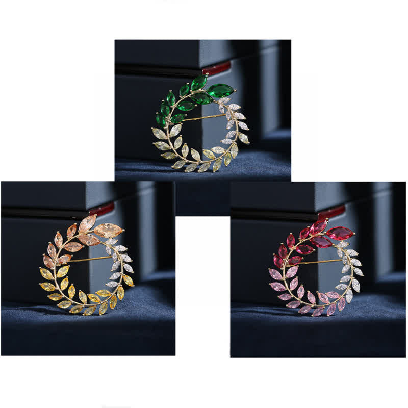 Broche de hojas de trigo doradas y circonitas para mujer