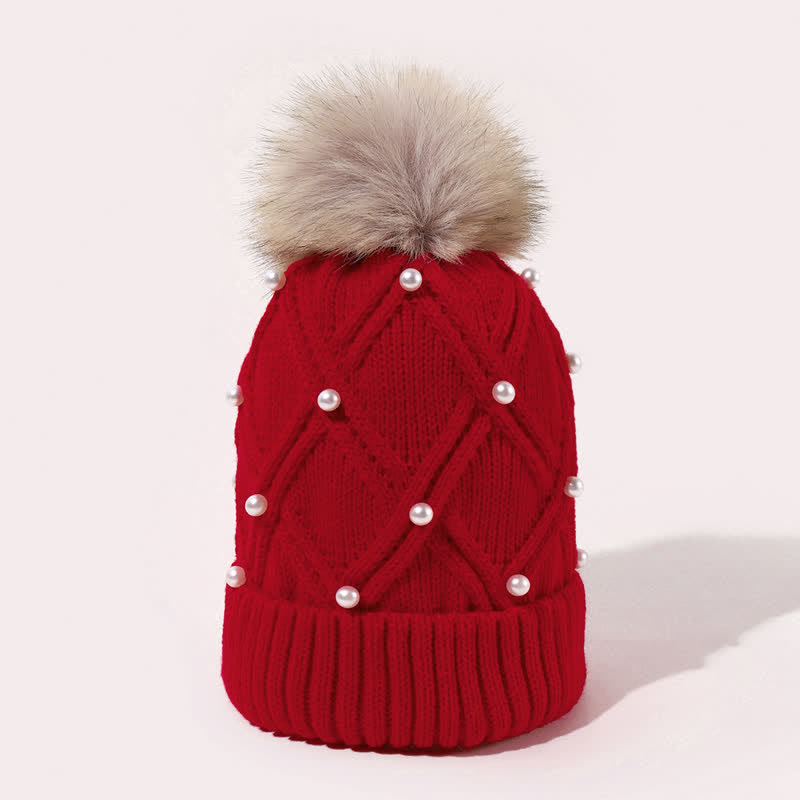 Gorro de punto elástico con pompones y perlas para mujer