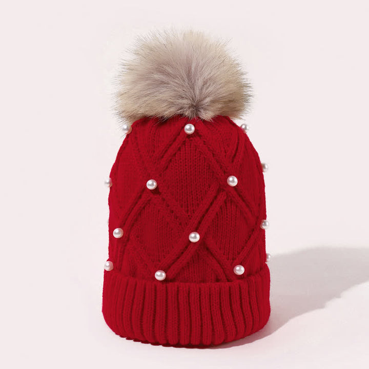 Gorro de punto elástico con pompones y perlas para mujer