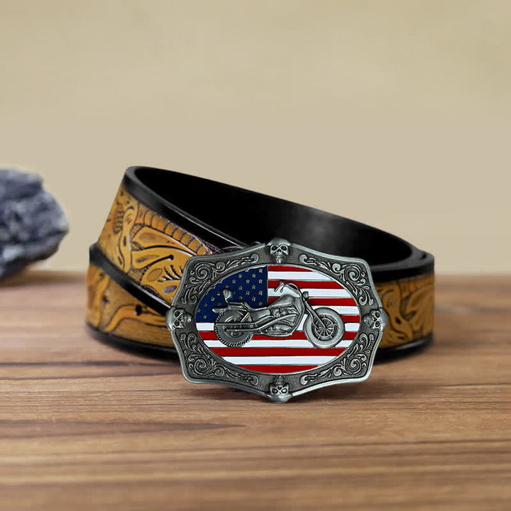 Cinturón de cuero con hebilla de calavera y bandera de EE. UU. para hombre, hecho a mano, con diseño de motocicleta