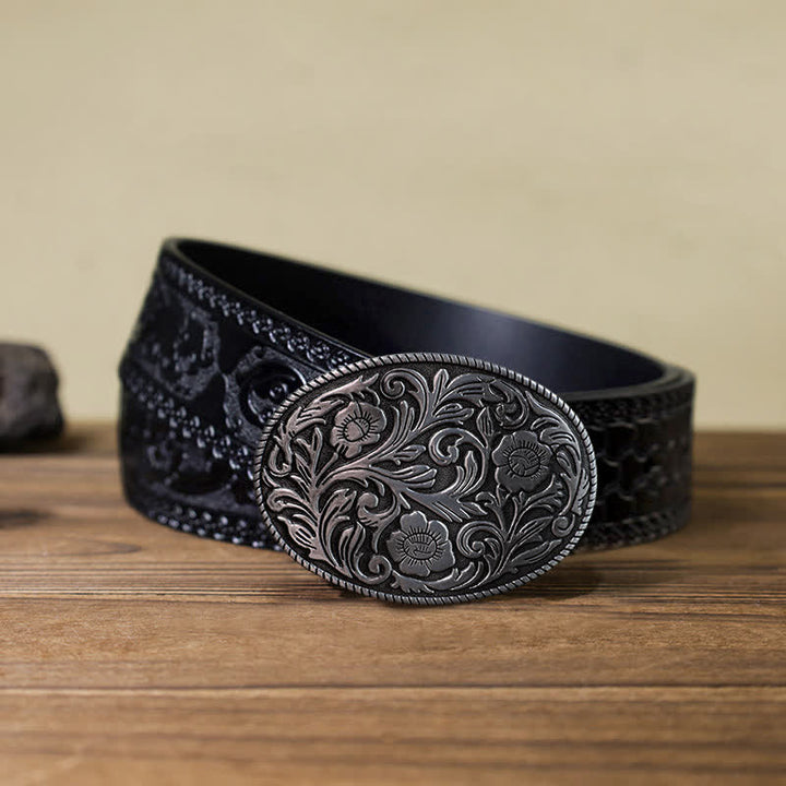 Cinturón de cuero con hebilla ovalada y diseño floral clásico para hombre hecho a mano