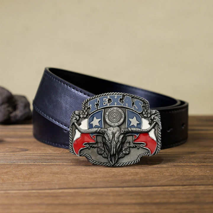 Cinturón de cuero con hebilla de toro Longhorn con bandera de Texas para hombre