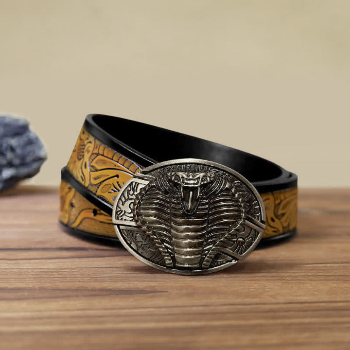 Cinturón de cuero con cuchillo plegable oculto de cobra venenosa para hombre