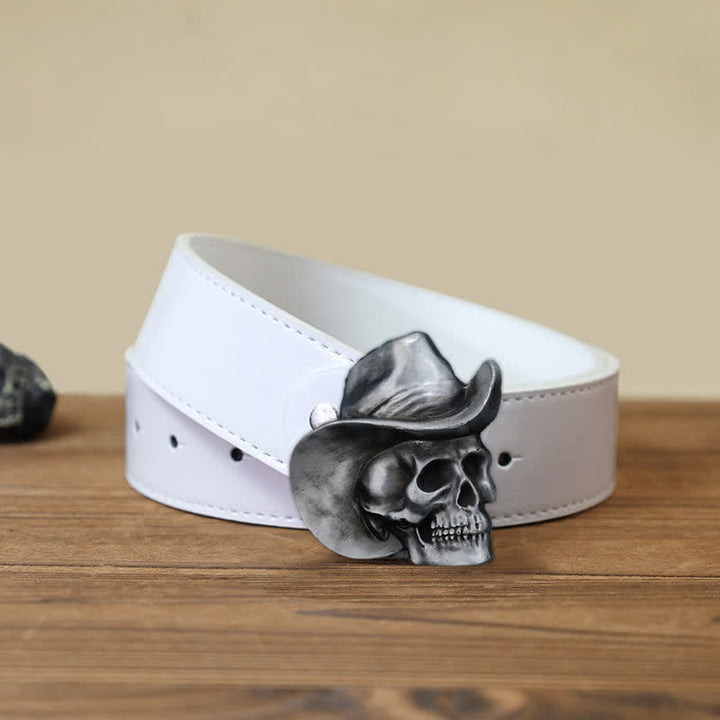 Cinturón de cuero con hebilla de sombrero y cabeza de calavera para hombre, hecho a mano