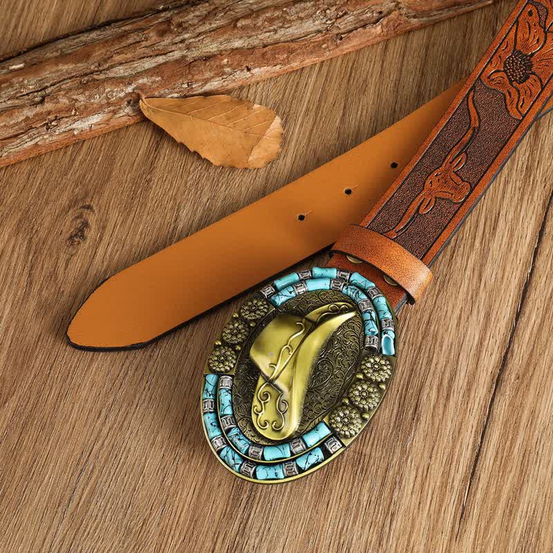 Cinturón de cuero con decoración turquesa y sombrero de vaquero dorado para hombre