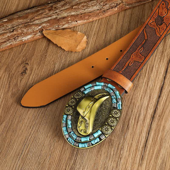 Cinturón de cuero con decoración turquesa y sombrero de vaquero dorado para hombre