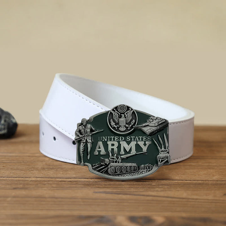 Cinturón de cuero con hebilla de tanque del ejército de los Estados Unidos para hombre, hecho a mano