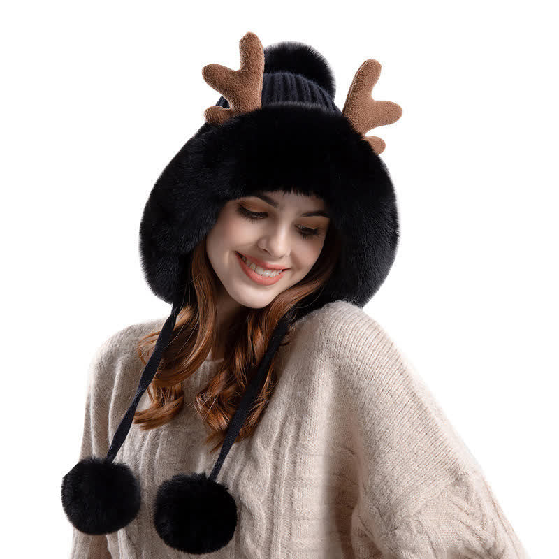 Gorro de punto con pompón de cuerno de ciervo para mujer