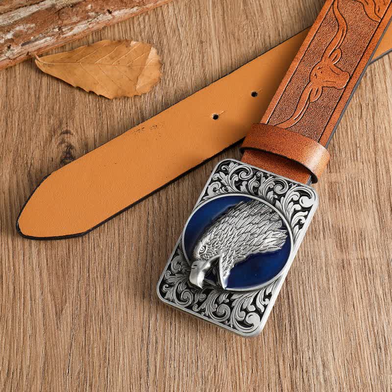 Cinturón de cuero occidental rectangular con cabeza de águila calva para hombre