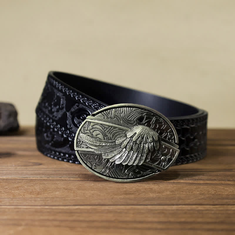 Cinturón de cuero con cuchillo plegable oculto con alas de ángel para hombre