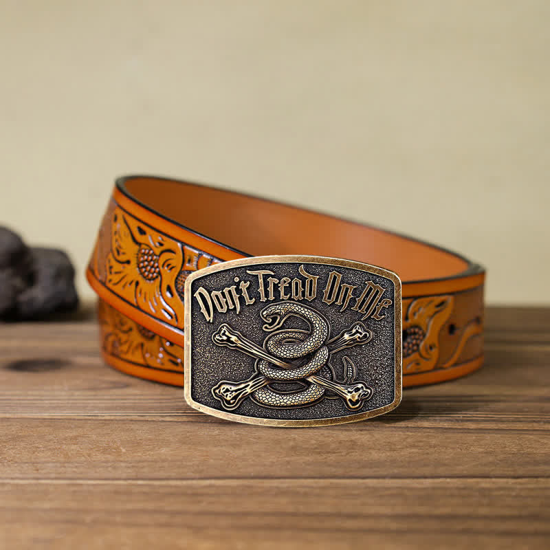 Cinturón de cuero con hebilla de serpiente de cascabel y calavera para hombre, hecho a mano