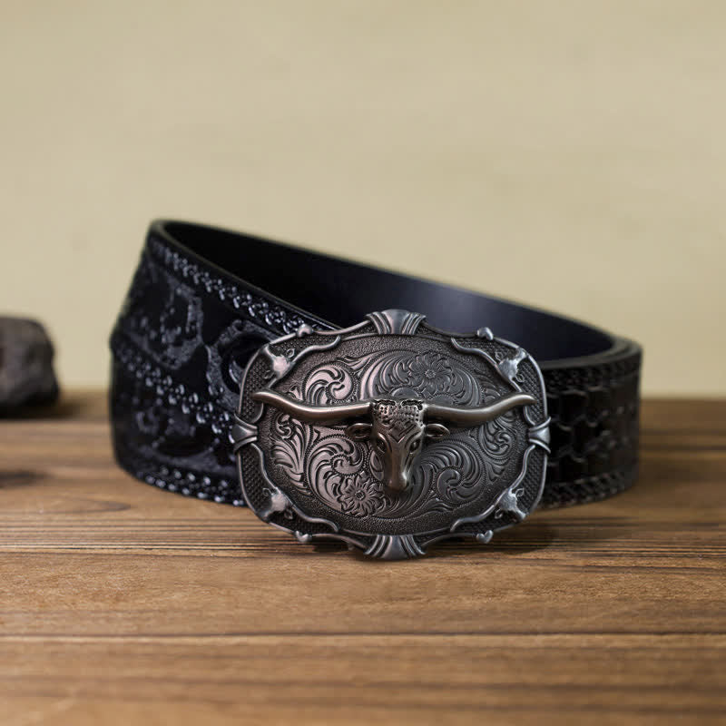 Cinturón de cuero con hebilla cuadrada de toro Longhorn plateado para hombre hecho a mano