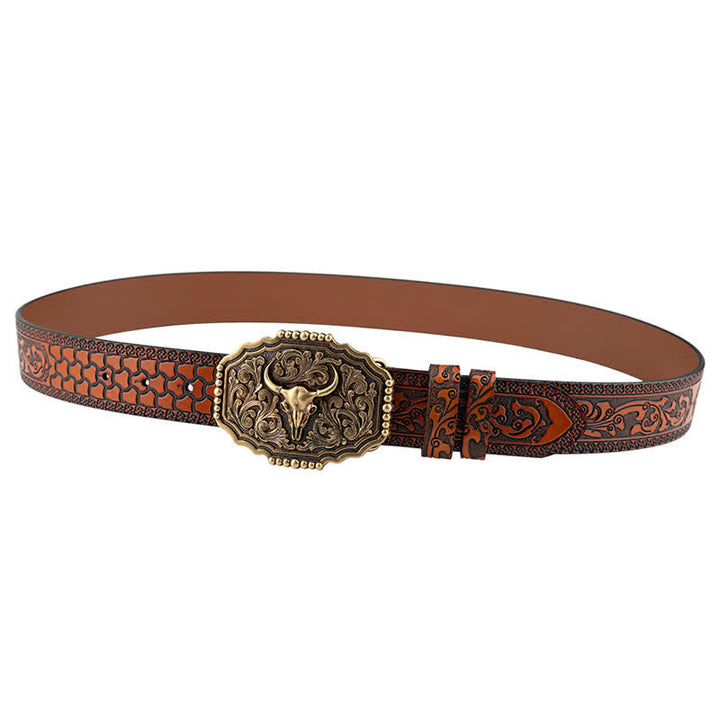 Cinturón clásico de cuero con calavera de toro y flores para hombre
