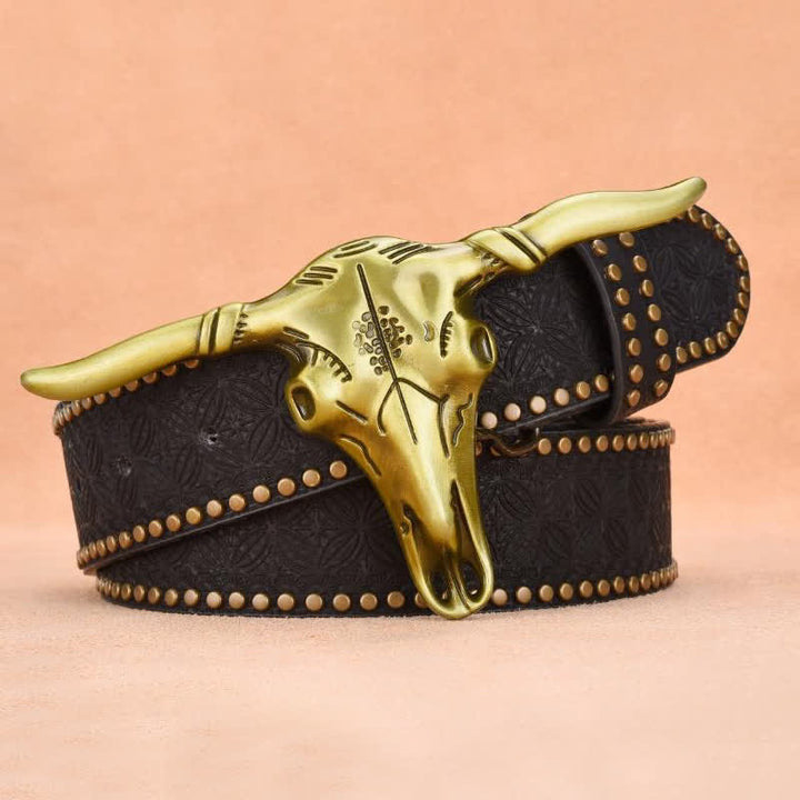 Cinturón de cuero con remaches de cabeza de ganado estilo western para hombre