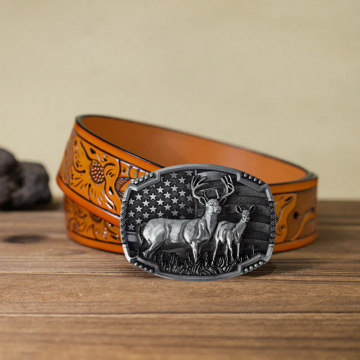Cinturón de cuero con hebilla de bandera estadounidense para hombre, hecho a mano, con diseño de ciervos