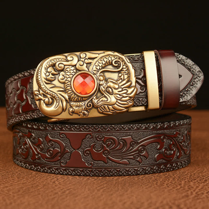 Cinturón de cuero con piedras preciosas y dragón grabado para hombre