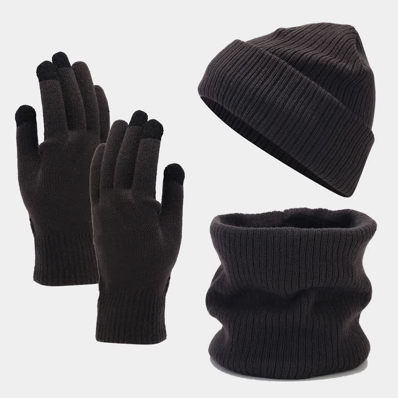 Conjunto de 3 guantes y bufanda unisex de sarga de color sólido