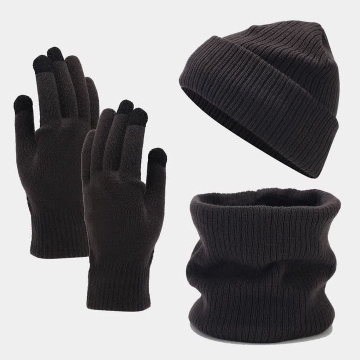 Conjunto de 3 guantes y bufanda unisex de sarga de color sólido