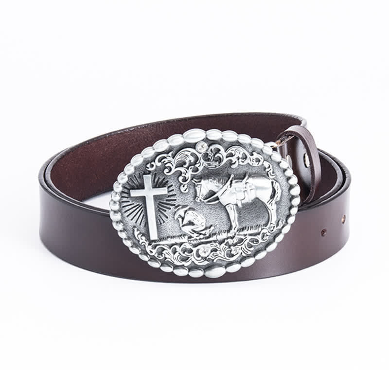 Cinturón de cuero con cruz de corcel para oración arrodillada para hombre