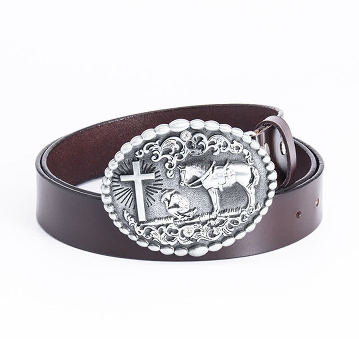 Cinturón de cuero con cruz de corcel para oración arrodillada para hombre
