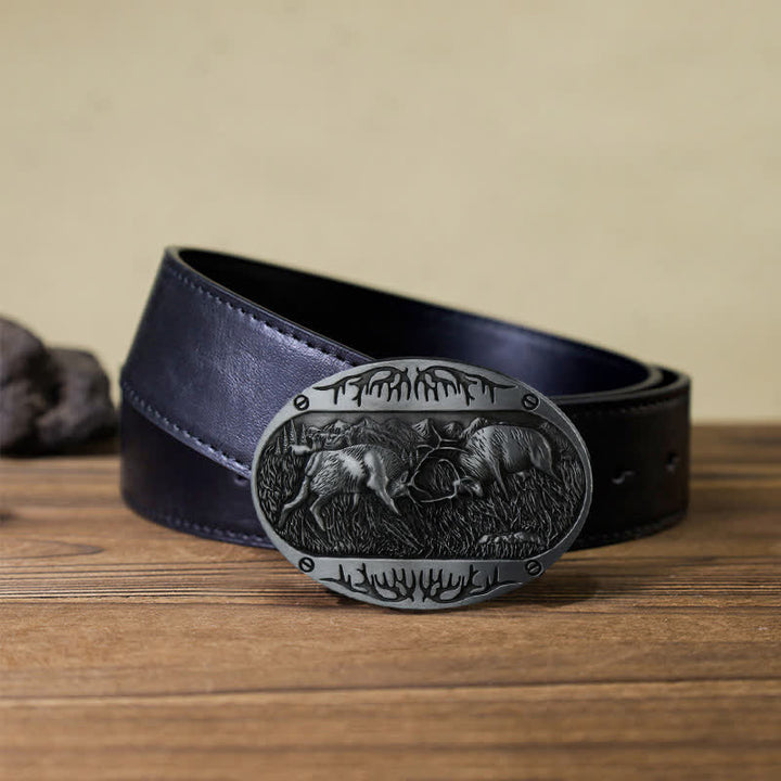 Cinturón de cuero estilo western con hebilla de ciervo salvaje para hombre, hecho a mano