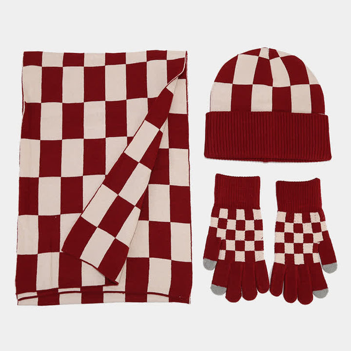 Conjunto de 3 guantes y gorro unisex a cuadros con bufanda