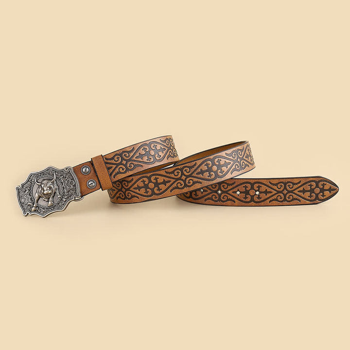 Cinturón de cuero con grabado floral de toro Yak Matador para hombre