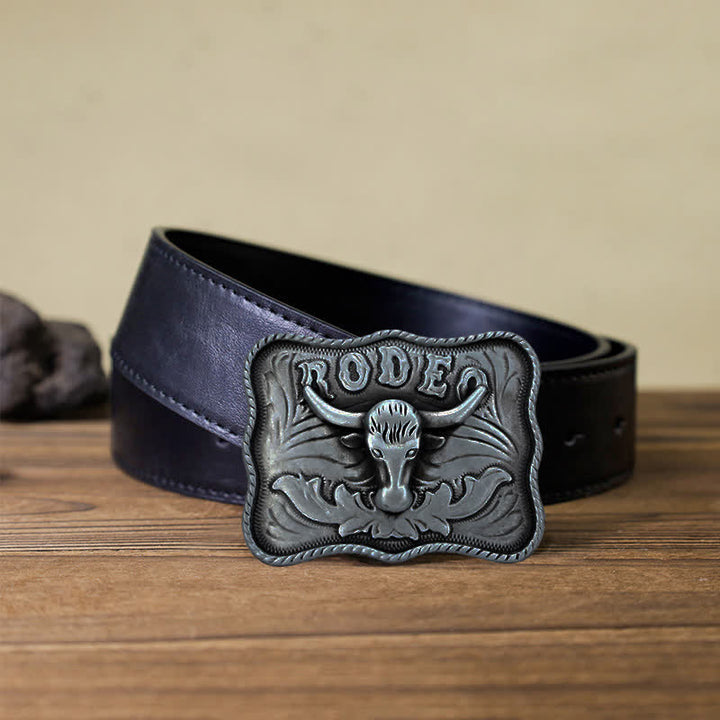 Cinturón de cuero con hebilla de rodeo de toro Longhorn plateado para hombre, hecho a mano
