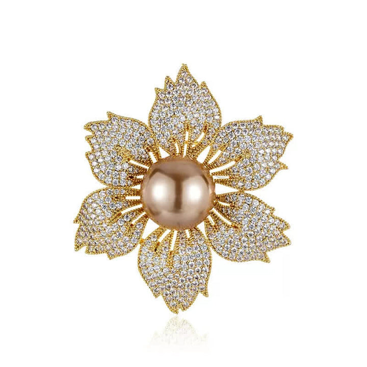 Broche de Bauhinia de lujo con perlas brillantes para mujer
