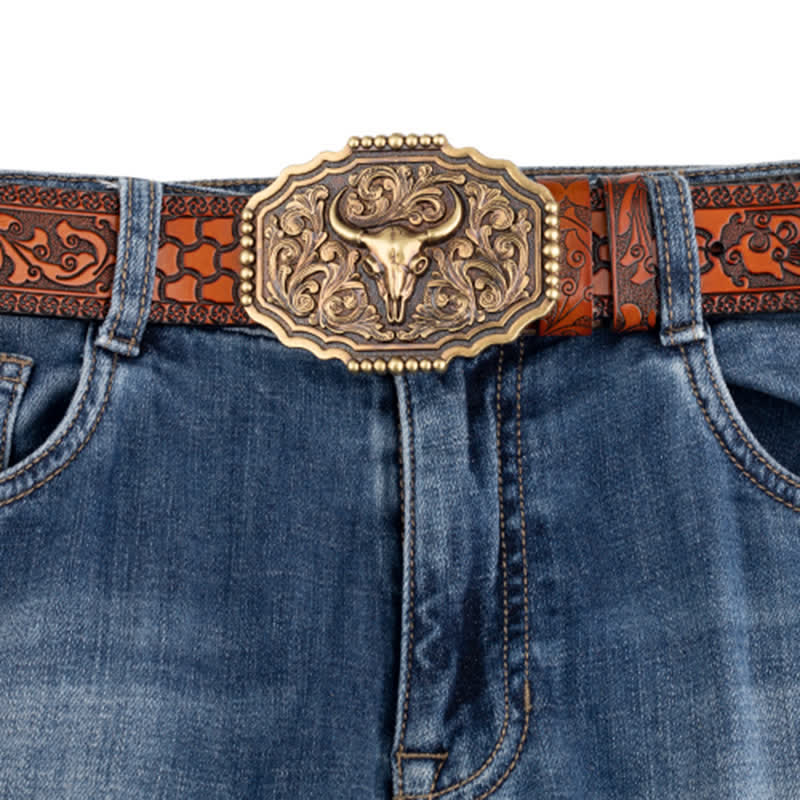 Cinturón clásico de cuero con calavera de toro y flores para hombre
