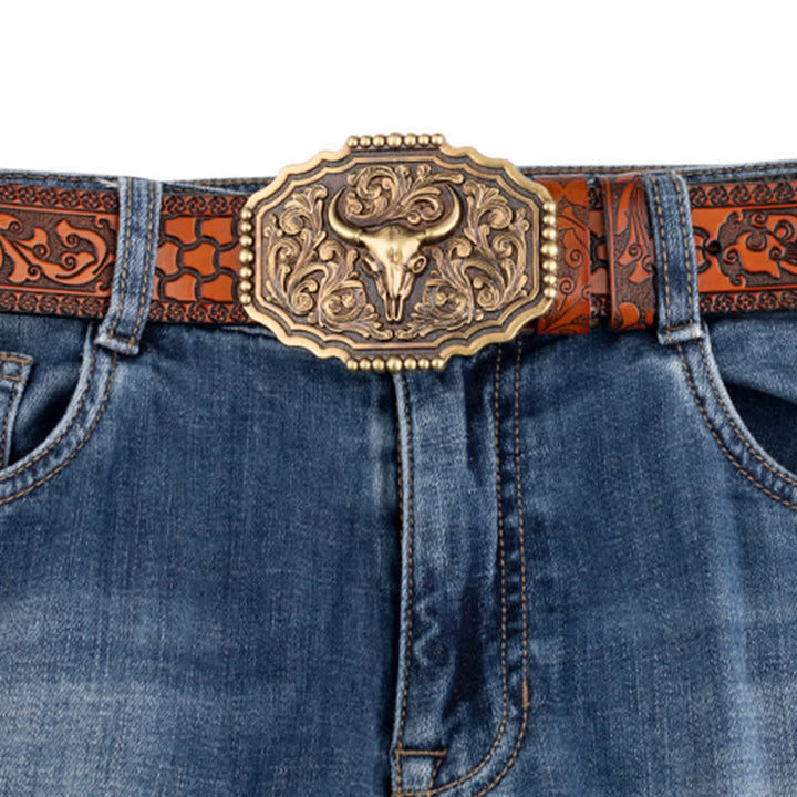 Cinturón clásico de cuero con calavera de toro y flores para hombre