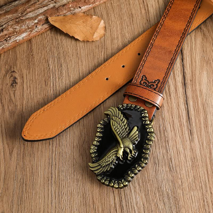 Cinturón de cuero con águila dorada antigua y halcón volador para hombre