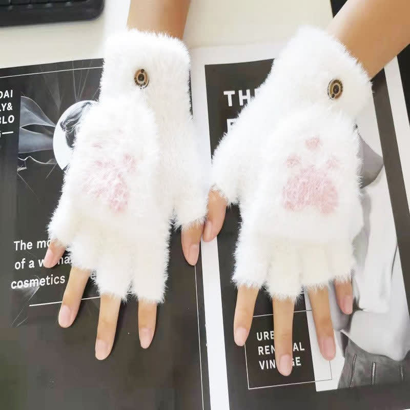 Guantes cálidos y ponjosos con estampado de pata de gato para mujer
