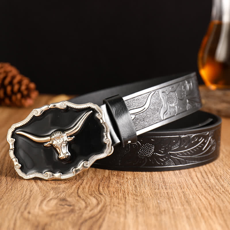 Cinturón de cuero con cabeza de toro de cuernos largos del oeste negro para hombre