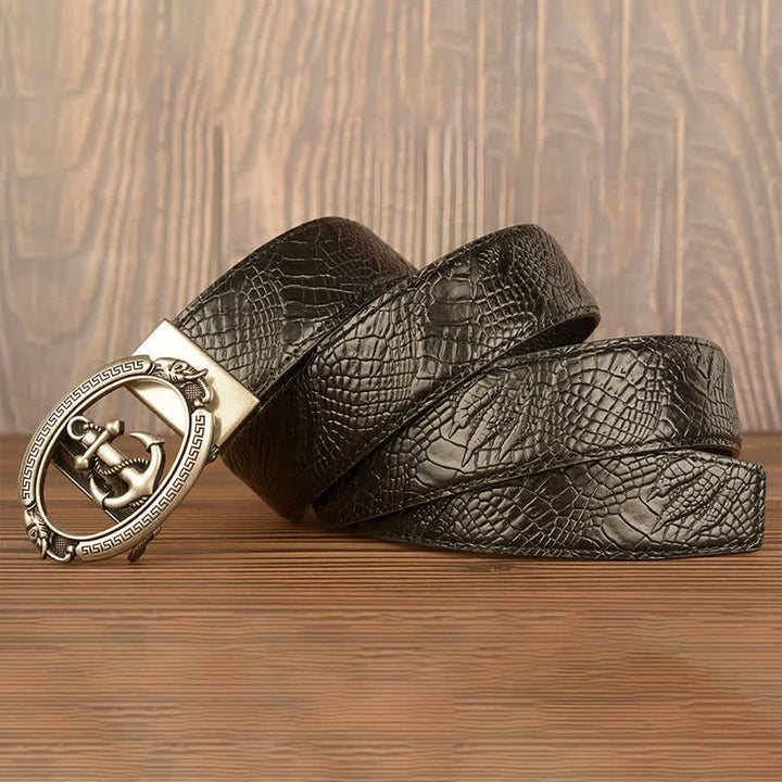 Cinturón de piel con estampado de cocodrilo y ancla náutica para hombre