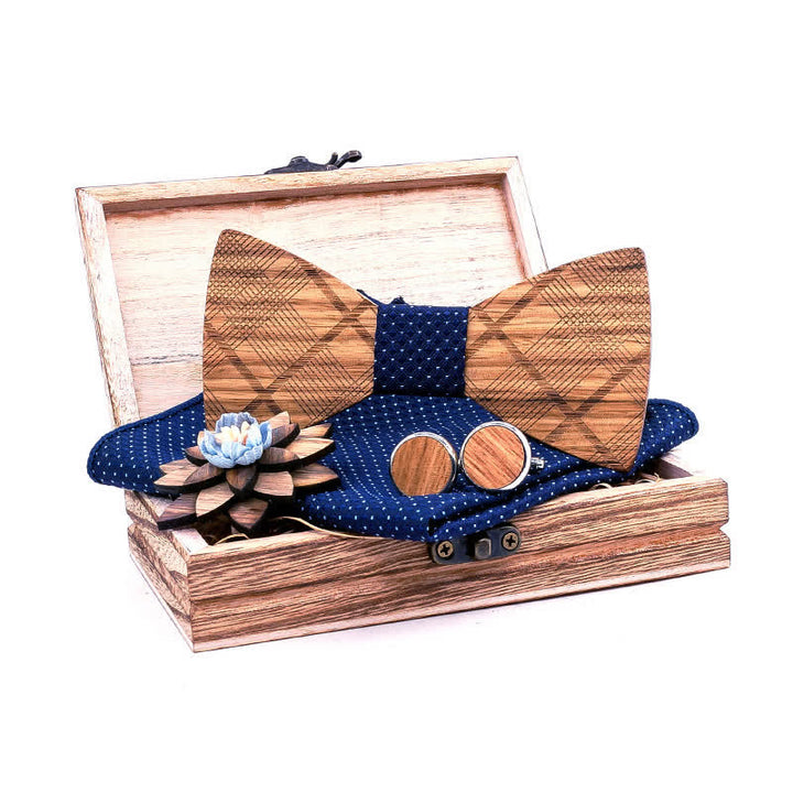 Juego de 4 pajaritas clásicas de madera a cuadros para hombre