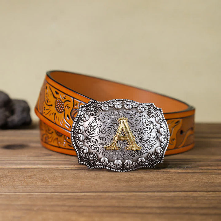 Cinturón de cuero con hebilla con letras iniciales del alfabeto para hombre