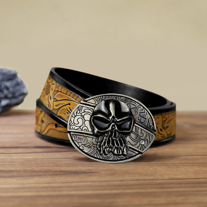 Cinturón de cuero con cuchillo plegable oculto con cabeza de calavera para hombre