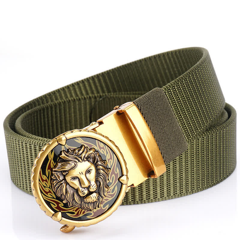 Cinturón de nailon práctico con estampado de cabeza de león para hombre - Verde militar / dorado - 48" - image 9