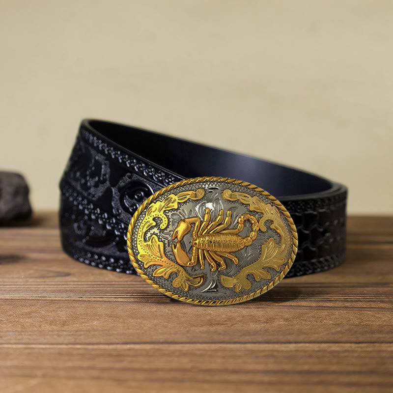 Cinturón de cuero con hebilla de escorpión dorado para hombre hecho a mano