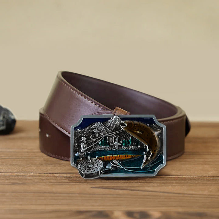 Cinturón de cuero con hebilla rectangular esmaltada para pesca, hecho a mano, para hombre