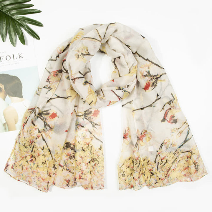 Bufanda ligera con estampado de pájaros y flores para mujer
